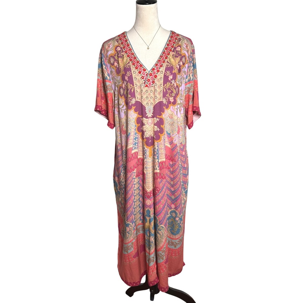 Soft Surroundings Parasol Midi Dress Siva Magenta Print 1X Floral Embroidered